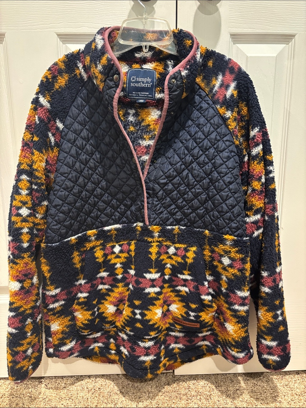 Simply Southern Women’s Navy Quilted & Multicolor Sherpa Button Up Pullover